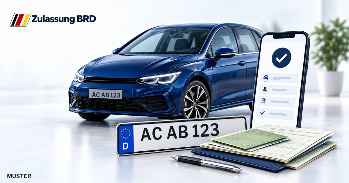 Online Fahrzeugzulassung in StädteRegion Aachen: Musterkennzeichen AC AB 123, Auto und Fahrzeugpapiere und Smartphone. Illustration mit Logo von Zulassung BRD.